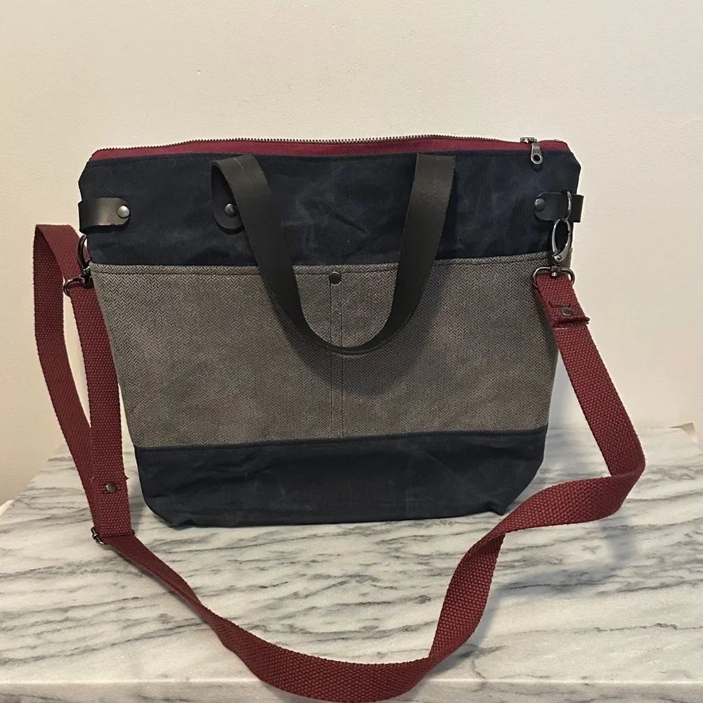 Cat Craine  Tote crossbody waxed canvas leather handles zip top